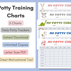 Op de afbeelding: Vijf afdrukbare pottraingrafieken met verschillende dierillustraties. Elke grafiek heeft een ruimte voor de naam van het kind en een raster om het potsucces bij te houden. De grafieken zijn ontworpen om kinderen te motiveren tijdens het pottrainen.