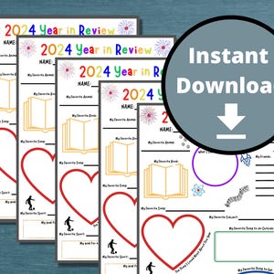 May include: Five printable worksheets for a 2024 year in review. Each worksheet has a different color background and includes prompts for students to write about their favorite things, including their favorite animal, book, song, sport, and subject. The worksheets also include space for students to draw pictures and write about their goals for the year.