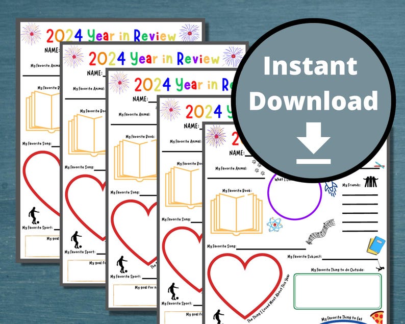 May include: Five printable worksheets for a 2024 year in review. Each worksheet has a different color background and includes prompts for students to write about their favorite things, including their favorite animal, book, song, sport, and subject. The worksheets also include space for students to draw pictures and write about their goals for the year.