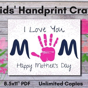 May include: Printable craft for Mother's Day.  A pink handprint with the words "I Love You" and "Mom" in navy blue.  The text "Happy Mother's Day" is written below the handprint.  The background is white with pink glitter.  The printable is 8.5 x 11 inches.