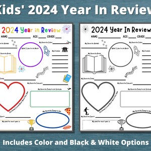 May include: A printable worksheet for kids to reflect on their year. The worksheet has sections for favorite animal, book, song, subject, thing to do outside, thing to eat, sport, and goal for next year. The worksheet is available in color and black and white.