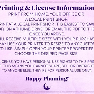 Peut inclure: Texte violet et blanc sur fond rose avec une bordure noire. Le texte indique "Printing & License Information!" et explique comment imprimer et utiliser les fichiers imprimables. Le texte comprend &eacute;galement la phrase "Happy Planning!" et un croissant de lune avec un visage de chat.