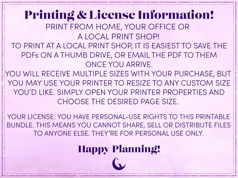 Peut inclure: Texte violet et blanc sur fond rose avec une bordure noire. Le texte indique "Printing & License Information!" et explique comment imprimer et utiliser les fichiers imprimables. Le texte comprend &eacute;galement la phrase "Happy Planning!" et un croissant de lune avec un visage de chat.