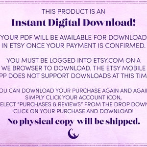 Peut inclure: Texte violet et blanc sur un fond violet clair avec un croissant de lune et une silhouette de chat. Le texte indique "Ce produit est un t&eacute;l&eacute;chargement num&eacute;rique instantan&eacute;&nbsp;! Votre PDF sera disponible en t&eacute;l&eacute;chargement sur Etsy une fois votre paiement confirm&eacute;. Vous devez &ecirc;tre connect&eacute; &agrave; Etsy.com sur un navigateur Web pour t&eacute;l&eacute;charger. L&rsquo;application mobile Etsy ne prend pas en charge les t&eacute;l&eacute;chargements pour le moment. Vous pouvez t&eacute;l&eacute;charger votre achat encore et encore&nbsp;! Cliquez simplement sur l&rsquo;ic&ocirc;ne de votre compte, s&eacute;lectionnez "Achats et &eacute;valuations" dans le menu d&eacute;roulant, cliquez sur votre achat et t&eacute;l&eacute;chargez&nbsp;! Aucune copie physique ne sera exp&eacute;di&eacute;e."