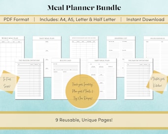 | groupée de planificateurs de repas Planificateur de repas | Liste d’épicerie | Planificateur de menu | inventaire de cuisine | Planificateur de repas imprimable | Plan de repas hebdomadaire minimaliste