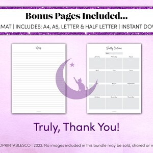Peut inclure: Deux pages imprimables au format PDF. La premi&egrave;re page est une page de notes lign&eacute;e avec un croissant de lune et une &eacute;toile. La deuxi&egrave;me page est un calendrier annuel avec un fond gris et les mois de l'ann&eacute;e list&eacute;s.