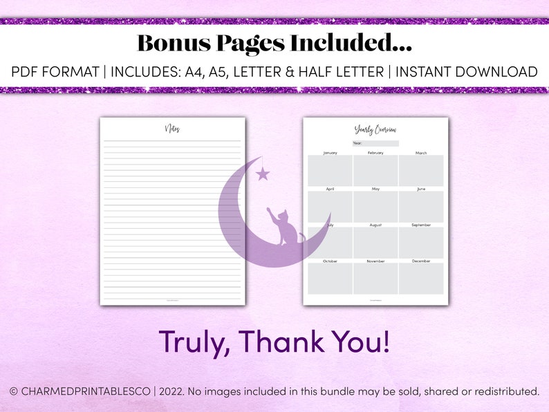 Peut inclure: Deux pages imprimables au format PDF. La premi&egrave;re page est une page de notes lign&eacute;e avec un croissant de lune et une &eacute;toile. La deuxi&egrave;me page est un calendrier annuel avec un fond gris et les mois de l'ann&eacute;e list&eacute;s.