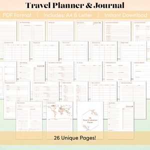 Peut inclure: Un planificateur de voyage et un journal imprimables avec 26 pages uniques. Les pages sont con&ccedil;ues dans un style minimaliste avec un contour brun et comprennent des sections pour la planification de voyages, les listes de colisage et la tenue d'un journal.
