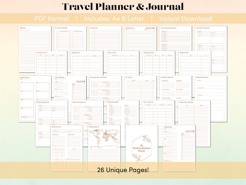 Peut inclure: Un planificateur de voyage et un journal imprimables avec 26 pages uniques. Les pages sont con&ccedil;ues dans un style minimaliste avec un contour brun et comprennent des sections pour la planification de voyages, les listes de colisage et la tenue d'un journal.