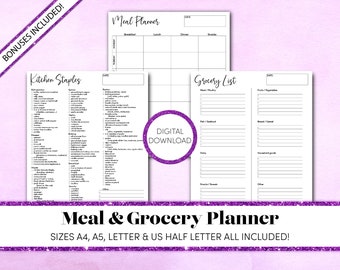 Meal Planner Bundle | Meal Planner and Grocery List | Menu Planner | Kitchen Inventory | Printable Meal Planner | Minimalist Weekly Meal