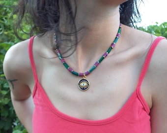 Green Agate Beaded Necklace: Fimo Beads, Gold Plated Pendant