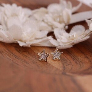 14k solid gold star stud earrings with pave cubic zirconia