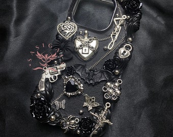 シルバーとブラックのギャラクシースカルデコデン電話ケース（全ブランド対応）