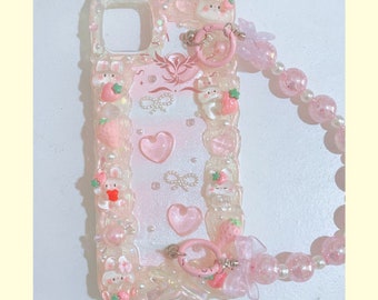 Cute Pink Strawberry Bunny Jelly Decoden Phone Case With Chain