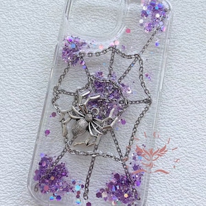 Étui pour portable en résine toile d'araignée et cristaux violets