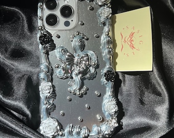 シルバーリボンパンクスタイルデコデン携帯ケース（全ブランド対応）