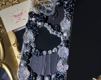 ブラック＆シルバーゴスローズデコデンミラーフォンケース（全ブランド対応）