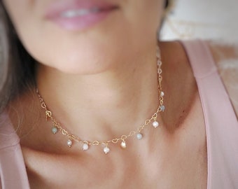 Adjustable necklace with natural pearls and morganite stones/14k gold filled necklace/ Morganites in soft colors and pearls/Dainty Chocker