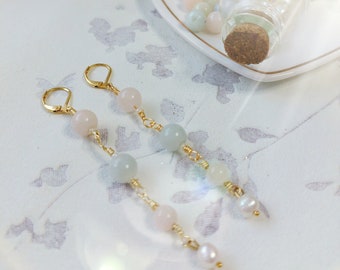 Morganite and Pearls Earrings, Long Morganite earrings,  Pink stones earrings, Long stone and  wire earrings