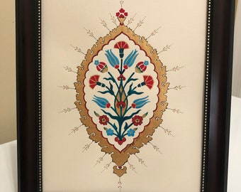 Handmade Turkish Tezhip Painting: Floral Gold Accent Art
