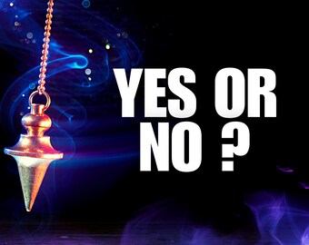 Op de afbeelding: Een goudkleurige pendel hangt aan een ketting tegen een donkere achtergrond met blauwe en paarse waas. De tekst "QUICK ANSWER" en "YES OR NO?" is in roze en wit weergegeven.