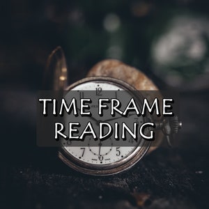 May include: An antique pocket watch with the text "TIME FRAME READING" in a dark, moody setting. The watch has a white face with black numerals and hands, and a silver-colored metal casing. The watch is open, revealing the time.