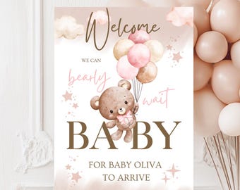 Póster de bienvenida personalizado para baby shower de niña, descarga digital para decoraciones de baby shower y fiesta de revelación de género para eventos de decoración de mamá.