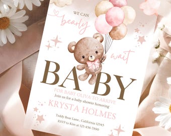 Invitación digital personalizada para baby shower de osito de peluche, plantilla de Evite con globo de osito neutro personalizada para fiesta de niña rosa