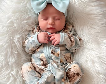 Newborn Girl Arrival Outfit Highland Cow Western Baby-Sleeper Aqua Water Color Floral Baby Girl Baby Come Home Outfit Country Life Baby