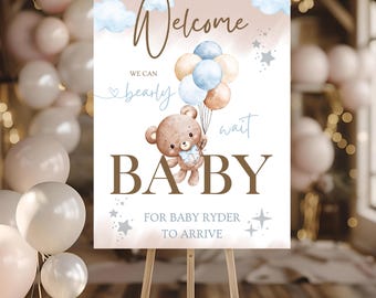 Cartel de bienvenida para baby shower imprimible personalizado para niño o revelación de género, descarga digital para decoraciones de baby shower, fiesta para mamá