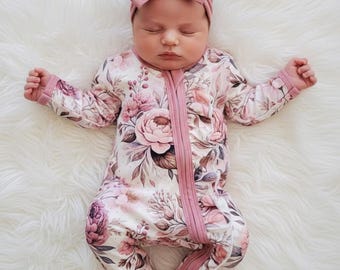 Baby Girls Sleeper& Headband Zip-Up Baby Romper Long Sleeve Sleeper Floral Rose Pajama Newborn Girl Homecoming Outfit Baby Girl Outfit