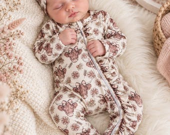Newborn Baby Come Home Outfit Highland Floral Cow Western Girl Baby-Sleeper Newborn Girl Arrival Outfit Rancher & Farm Life