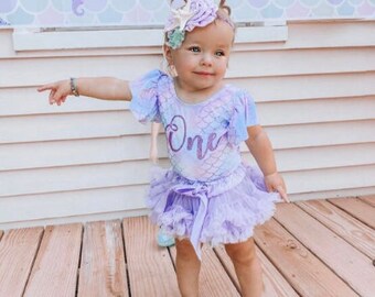 The Original ONE Purple Blue Mermaid Romper 2 PC Tutu Outfit | Infant First Birthday Bodysuit Jumpsuit | Baby shower Birthday Baby Mermaid