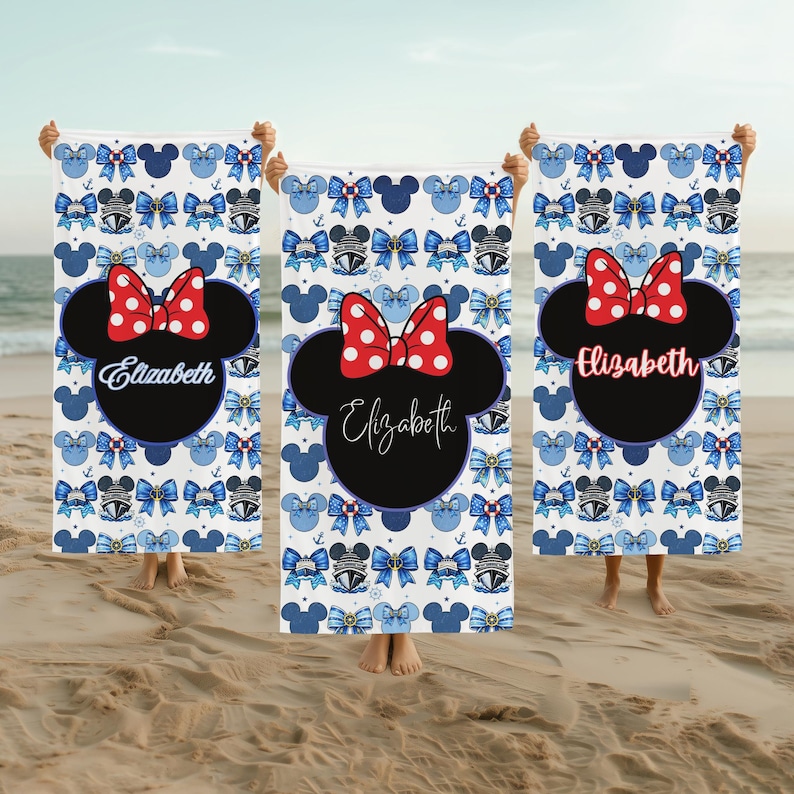 Personalized Disney cruise ship beach towel featuring a blue and red Minnie Mouse inspired design, customized with a child’s name. Soft plush fabric makes it perfect for pool days, beach adventures, and family cruise vacation memories.
