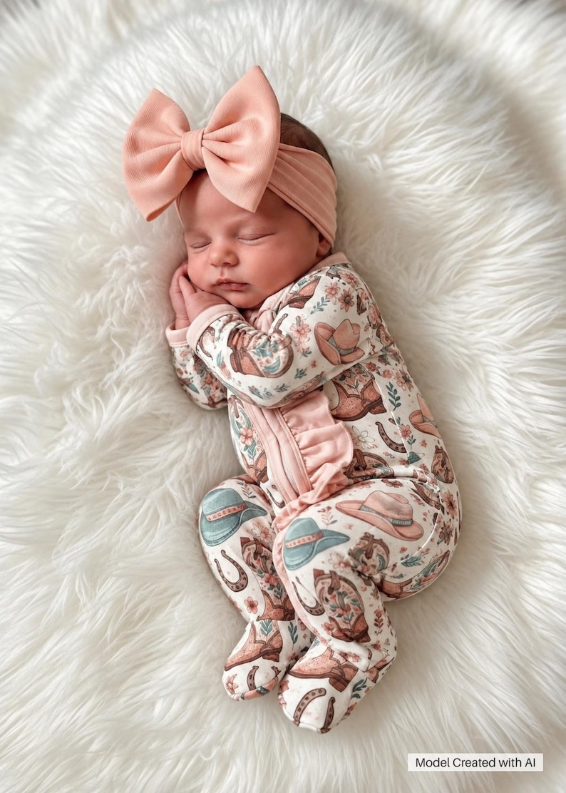May include: A long-sleeved, footed baby sleepsuit with a ruffled front zip fastening, featuring a repeating pattern of cowboy hats, boots, horseshoes, and flowers. The sleepsuit is paired with a matching solid peach-coloured headband with a large bow. Image created with AI.