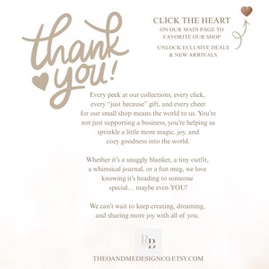 May include: A cream-colored graphic with the words "thank you!" in a handwritten font, along with text encouraging customers to favorite the shop for exclusive deals. The shop's name and Etsy URL are at the bottom.