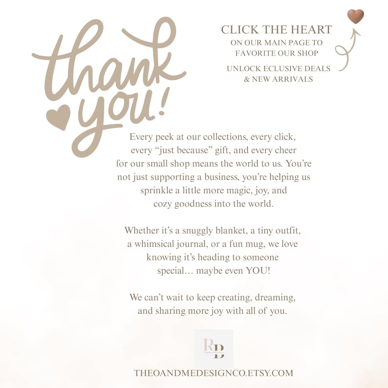 May include: A cream-colored graphic with the words "thank you!" in a handwritten font, along with text encouraging customers to favorite the shop for exclusive deals. The shop's name and Etsy URL are at the bottom.