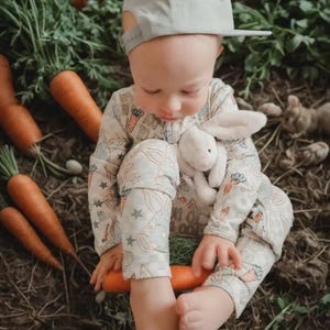 Adorable Baby Boy Easter Bunny Sleepers made with soft, cozy fabric, perfect for infants and toddlers. These Soft Infant Spring Pajamas for Newborns Toddlers and Holiday Photos create cute bunny outfit ideas for Easter celebrations.