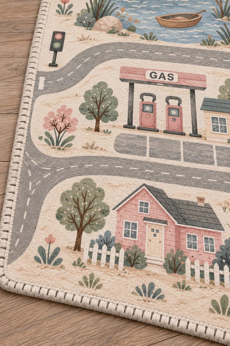 May include: A rectangular area rug featuring a printed town scene with gray roads, a pink house with a white picket fence, a gas station with the text GAS, green trees, pink flowering bushes, a traffic light, and a small boat on blue water.
