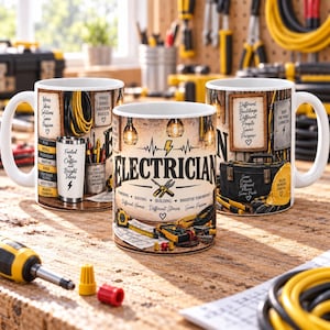 Peut inclure: Trois tasses en céramique blanche avec des motifs graphiques liés au travail d'électricien. Les tasses présentent des illustrations d'outils, de composants électriques et des textes tels que "ELECTRICIAN", "Fueled by Coffee and Bright Ideas" et "Different Buildings Different People Same Purpose."