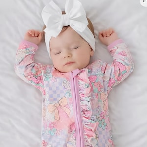 Baby Girls Sleeper Zip-Up Pastel Patchwork Bows Baby Romper Long Sleeve Sleeper Pajama Newborn Girl Homecoming Outfit Gift Hospital Outfit