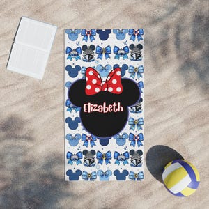 Family vacation Disney cruise beach towel customized with child’s name and Minnie Mouse themed artwork. A thoughtful birthday or holiday gift idea for kids heading on a cruise, beach trip, or summer pool getaway.