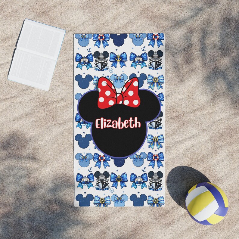 Family vacation Disney cruise beach towel customized with child’s name and Minnie Mouse themed artwork. A thoughtful birthday or holiday gift idea for kids heading on a cruise, beach trip, or summer pool getaway.