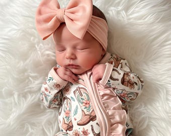 BEST SELLER Western Outfit for Baby Girl Sleeper with Zipper Convertible Hands & Feet Cowboy Print Baby Double Zipper Romper Footed Pajamas