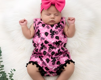Baby Girls Motocross Hot Pink & Black Dirt Bike Romper Girls Summer Outfit With Pom Pom Accents Baby Shower Gift Idea Toddler Birthday Gift