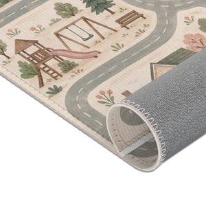 Playground Gas Station Area Carpet featuring a Neutral City Play Mat with town buildings, winding roads and toy car driving areas, perfect for imaginative toddler activities and a beautiful Aesthetic Nursery Educational Playmat for boys and girls.