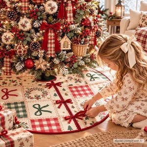 May include: A circular Christmas tree skirt featuring a patchwork design of cream-colored squares with red and green holiday motifs, including plaid patterns, bows, wreaths, and pine trees, secured with three red ribbon ties along the center slit.