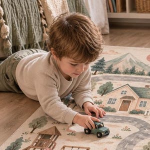 Kids Neutral City Play Mat designed as a Small Town Road Rug with town streets, playgrounds and gas station details for toy vehicle adventures, a creative Nursery Educational Playmat that complements Aesthetic Kid Room Decor and makes a fun Toy Gift.