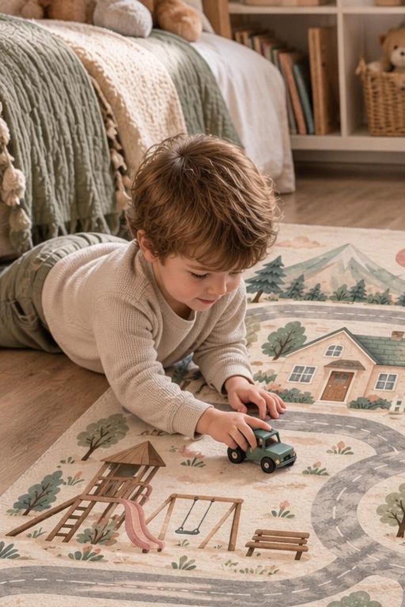 Kids Neutral City Play Mat designed as a Small Town Road Rug with town streets, playgrounds and gas station details for toy vehicle adventures, a creative Nursery Educational Playmat that complements Aesthetic Kid Room Decor and makes a fun Toy Gift.