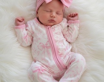 Baby Girl Sleeper Hospital Outfit Going Home Newborn Clothes Nursery Pink Bow Pattern Sleepsuit Double Zipper Footie Romper Shower Gift